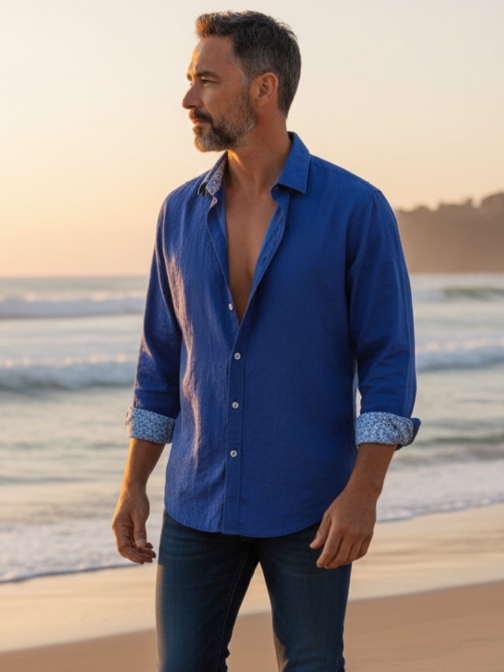 Robert Graham Blue Jacquard‎ Cotton Flip Cuff Long Sleeve Dress Shirt SZ 2XL